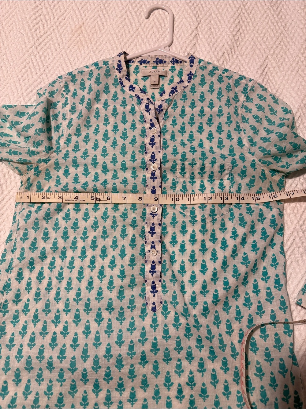 J. Crew White Button-Front Shirt with Teal Allover Print and Blue Trim - Picture 4 of 7